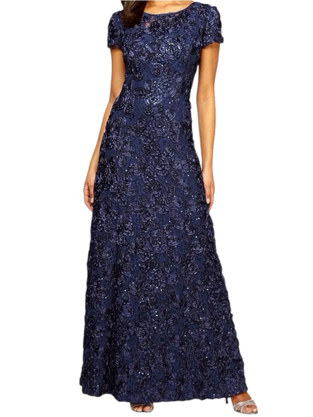 Alex Evenings blue satin sequined rosette maxi formal evening gown women’s sz 12